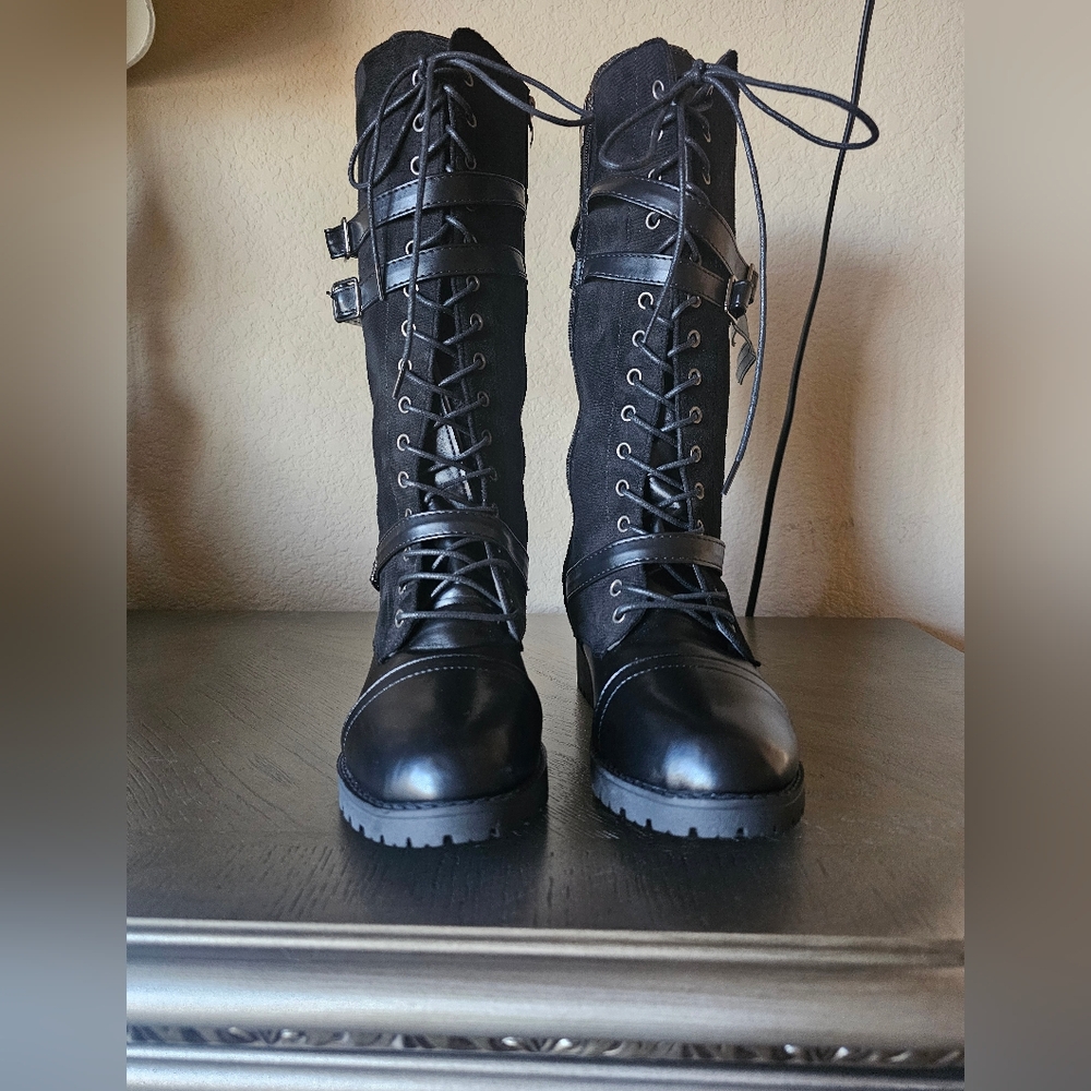 Black Lace-Up Knee-High Boots